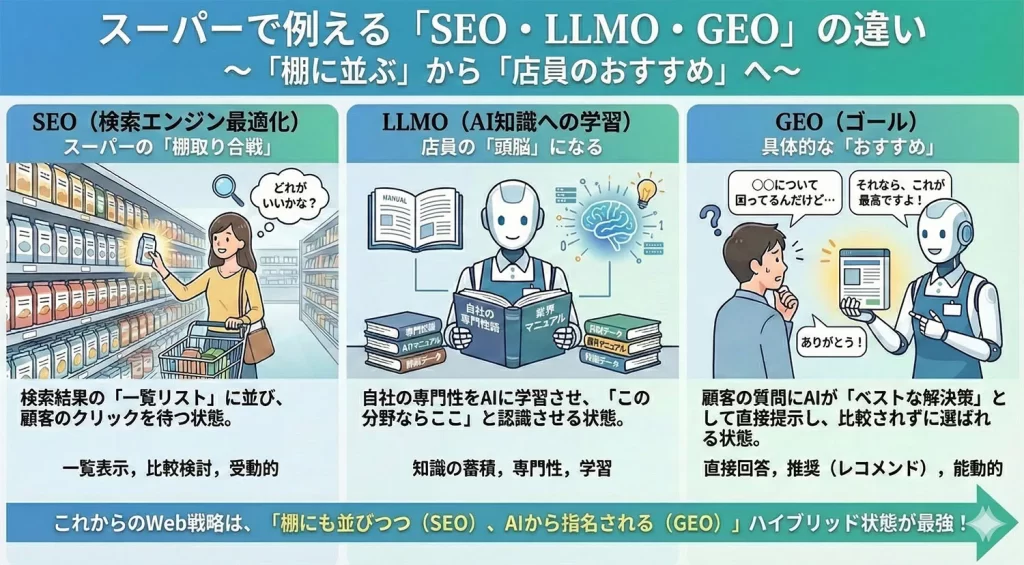 SEO、LLMO、GEOという3つの言葉の違い